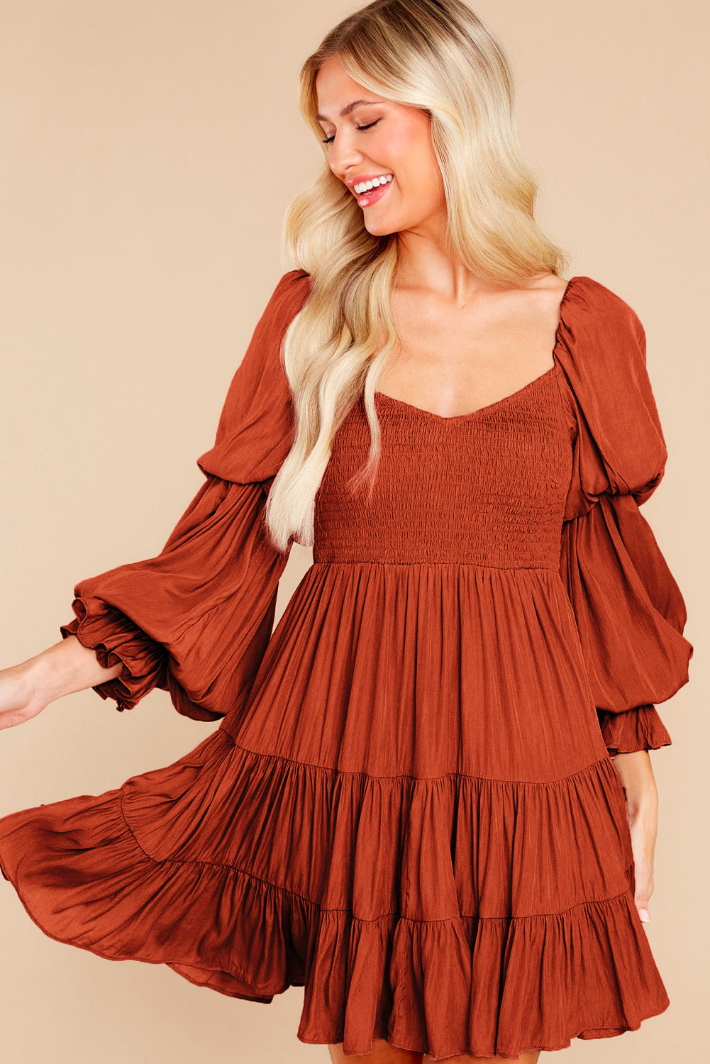 Brown Long Sleeve Off Shoulder Ruffle Mini Dress