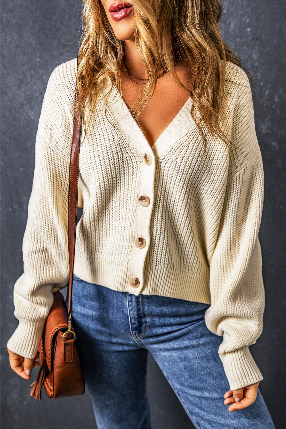 Beige Plain Knitted Buttoned V Neck Sweater Cardigan