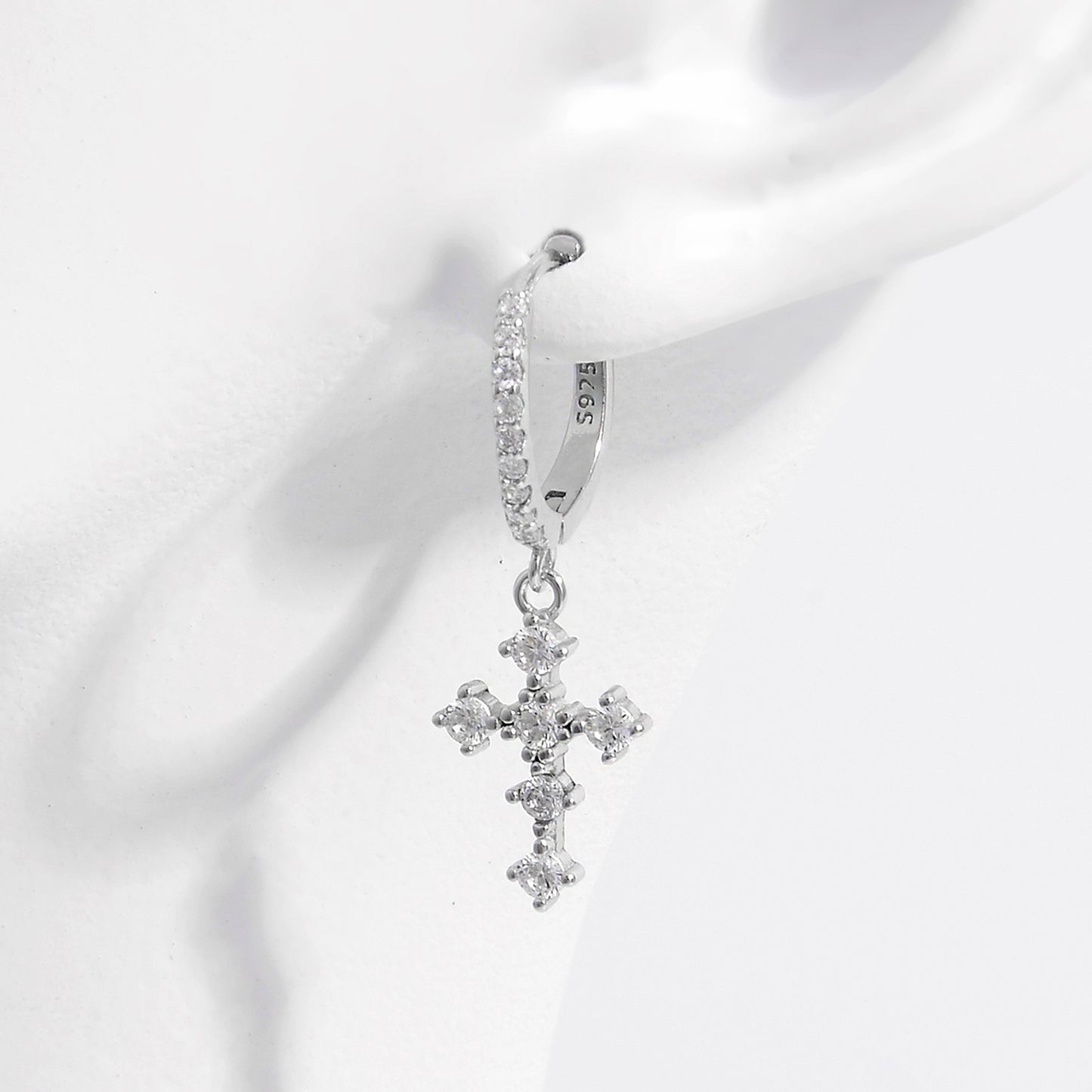 Sterling Silver Inlaid Zircon Cross Dangle Earrings