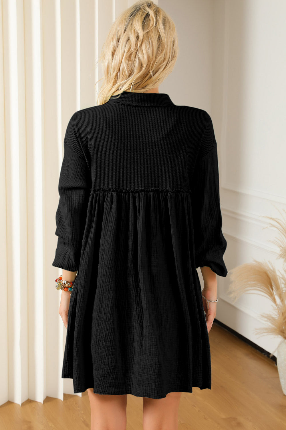 Buttoned Collared Neck Dropped Shoulder Mini Long Sleeve Dress