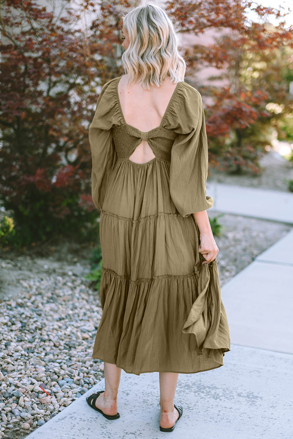 Ruched V-Neck Balloon Sleeve Tiered Long Sleeve Dress