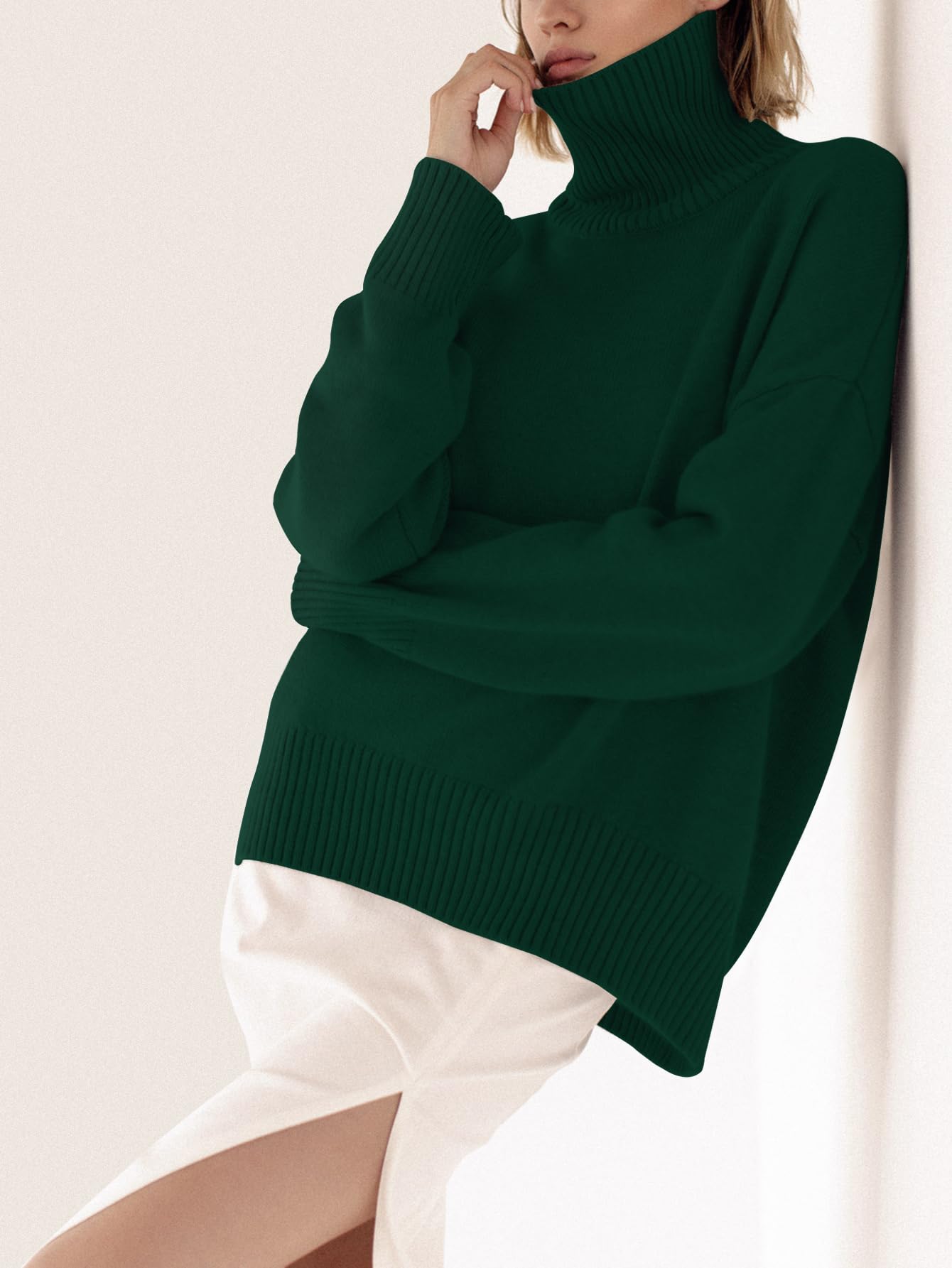 Turtleneck Sweater Chunky Long Sleeve Knitted Pullover High Low