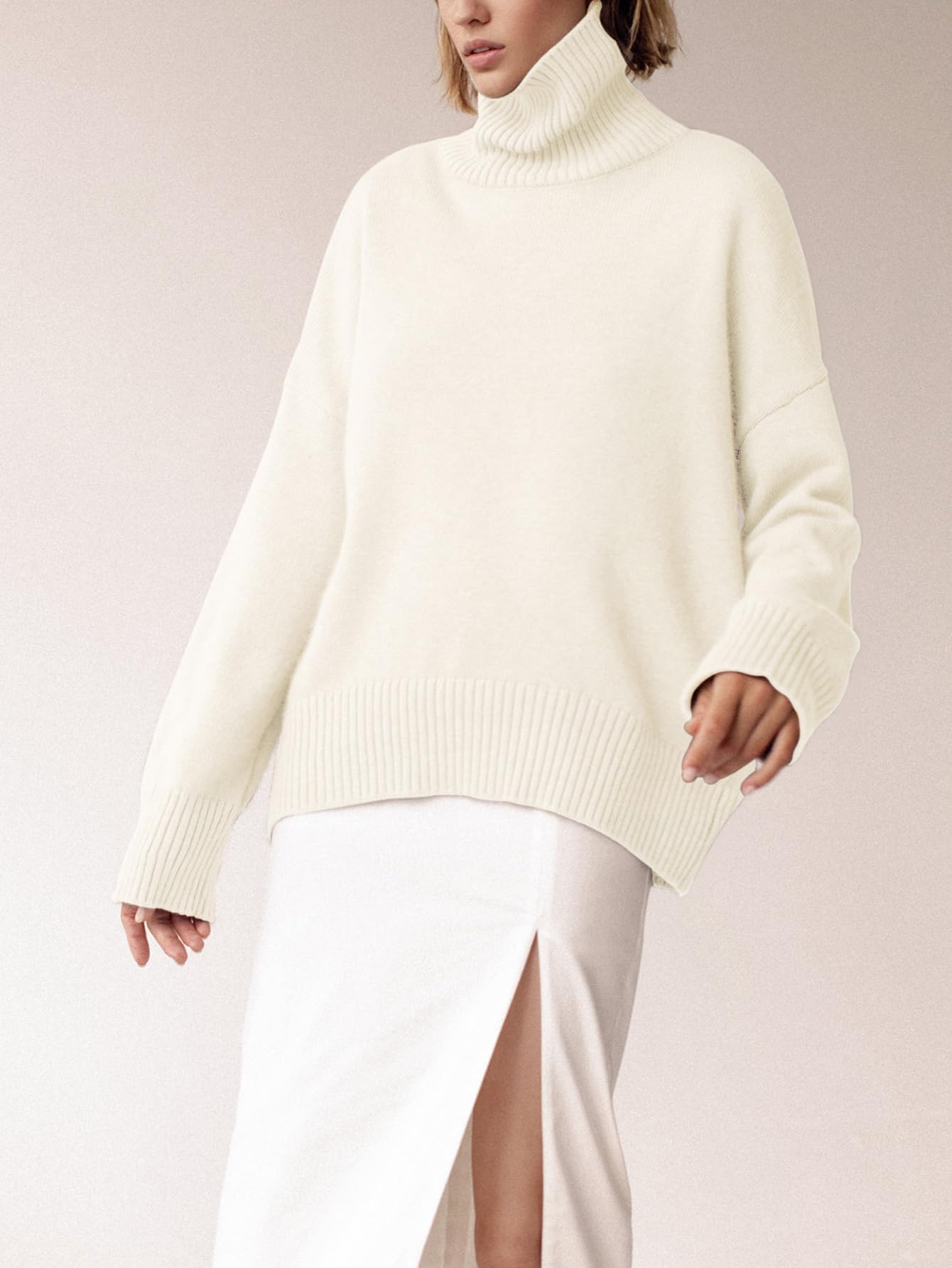 Turtleneck Sweater Chunky Long Sleeve Knitted Pullover High Low