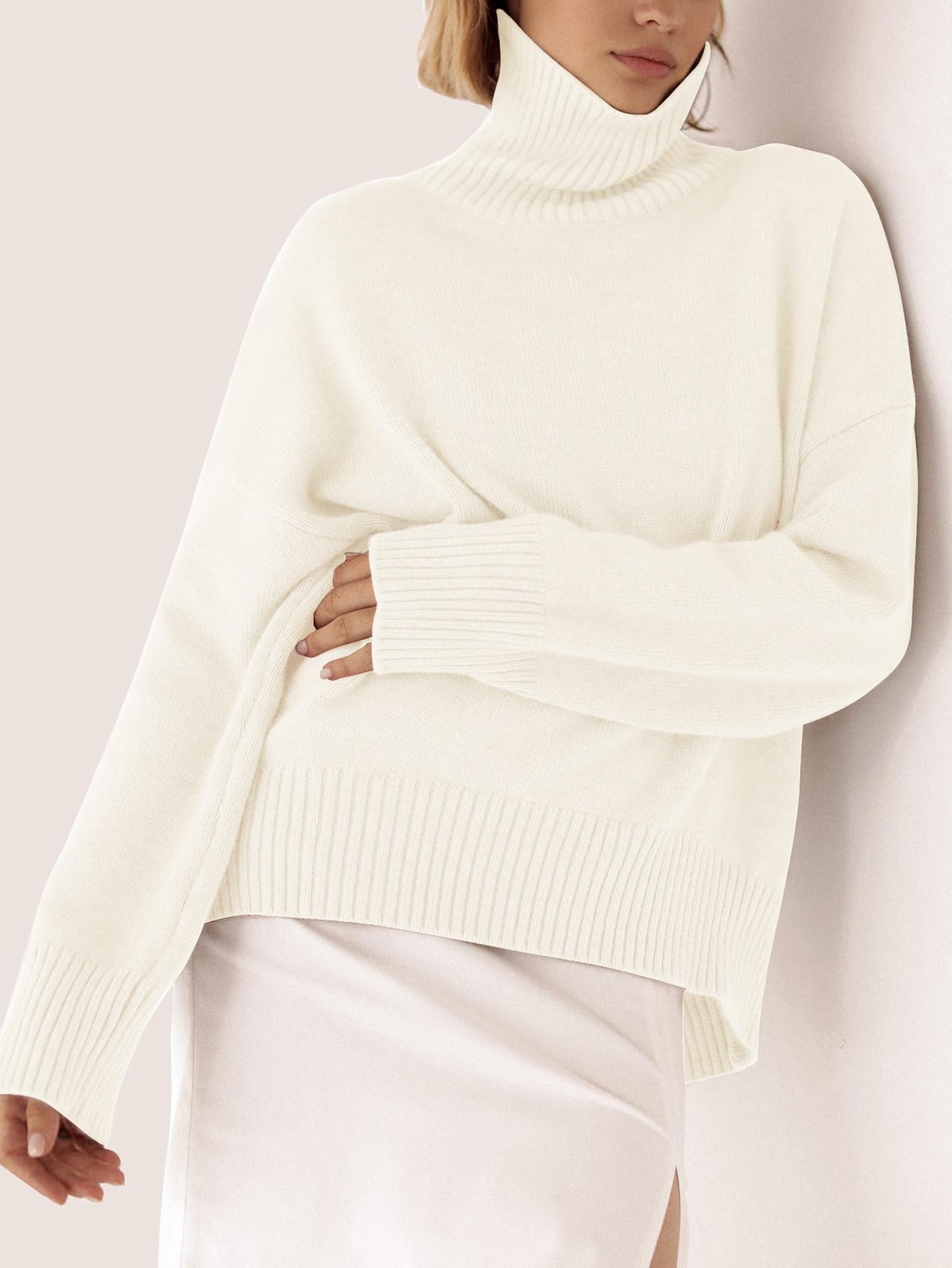 Turtleneck Sweater Chunky Long Sleeve Knitted Pullover High Low