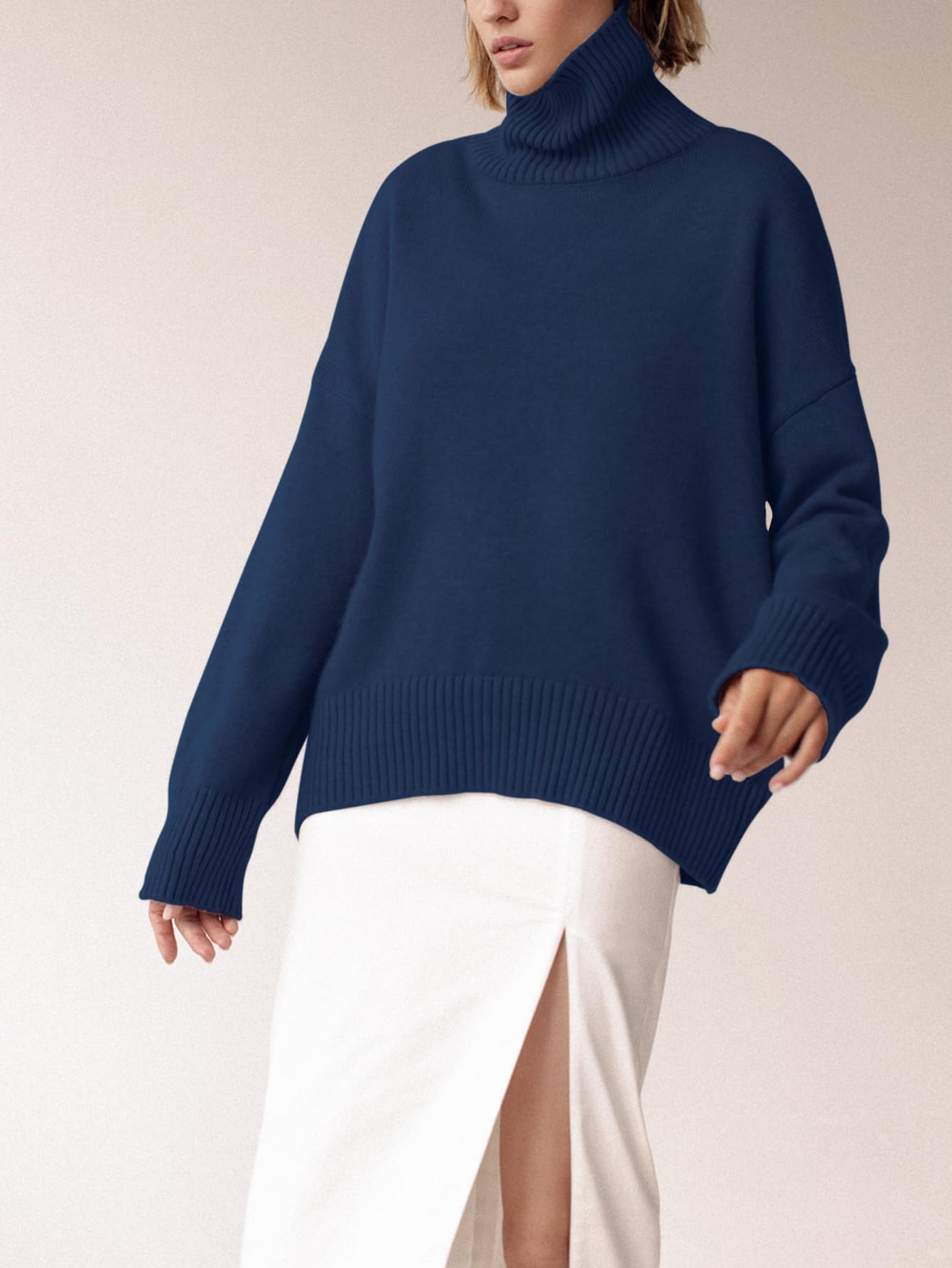 Turtleneck Sweater Chunky Long Sleeve Knitted Pullover High Low