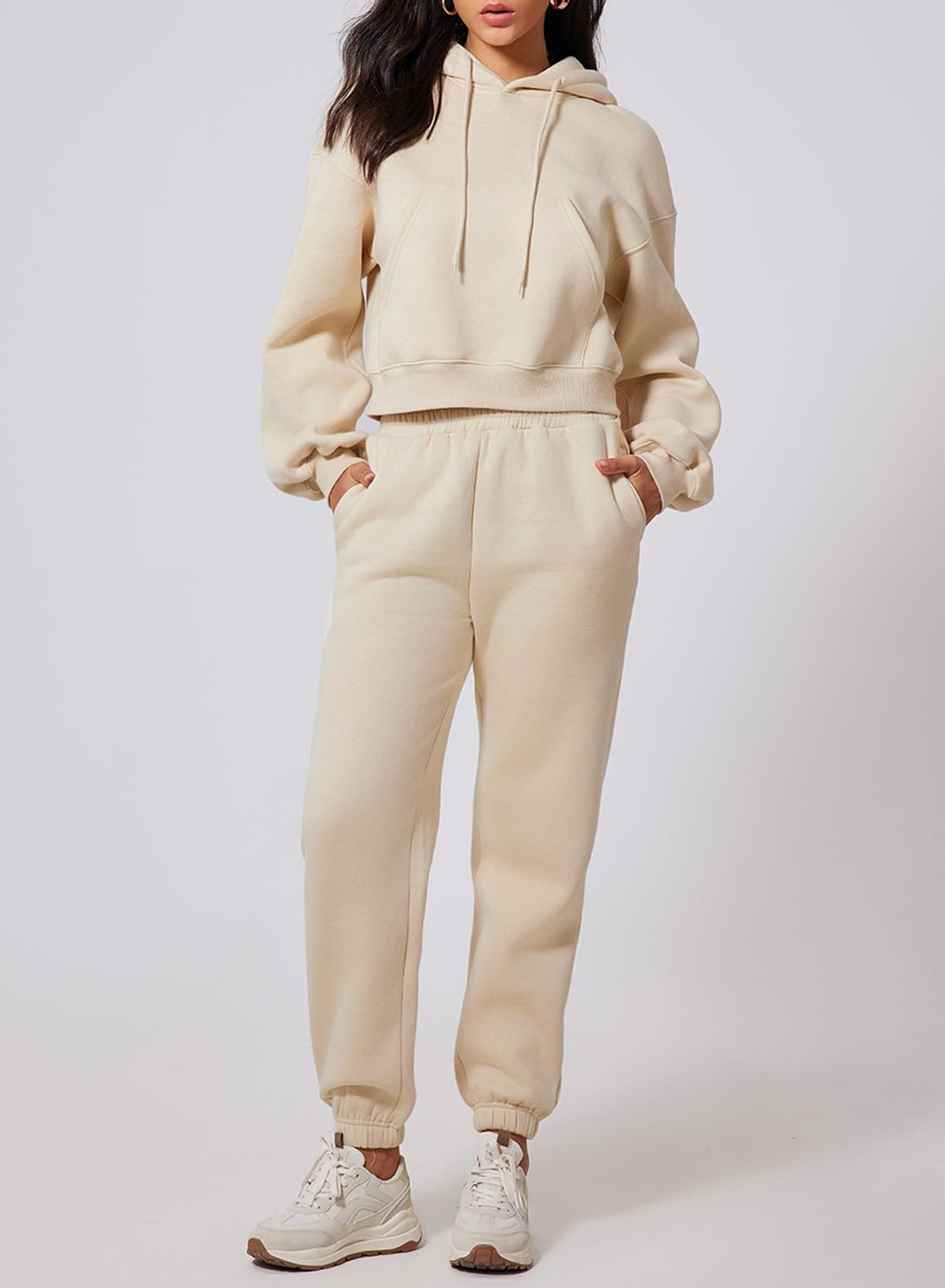 Fleece Crop Hoodie Sweatshirt with Jogger Pants - Tracksuit Lounge Set