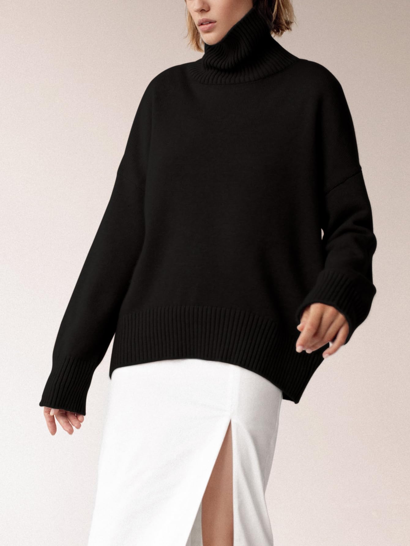 Turtleneck Sweater Chunky Long Sleeve Knitted Pullover High Low