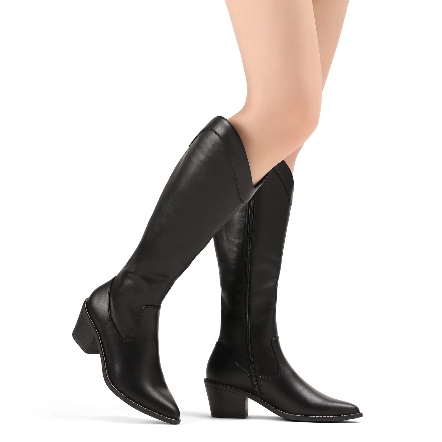 Suede and Leather Western Chunky Heel Pointed Toe Knee High Boots