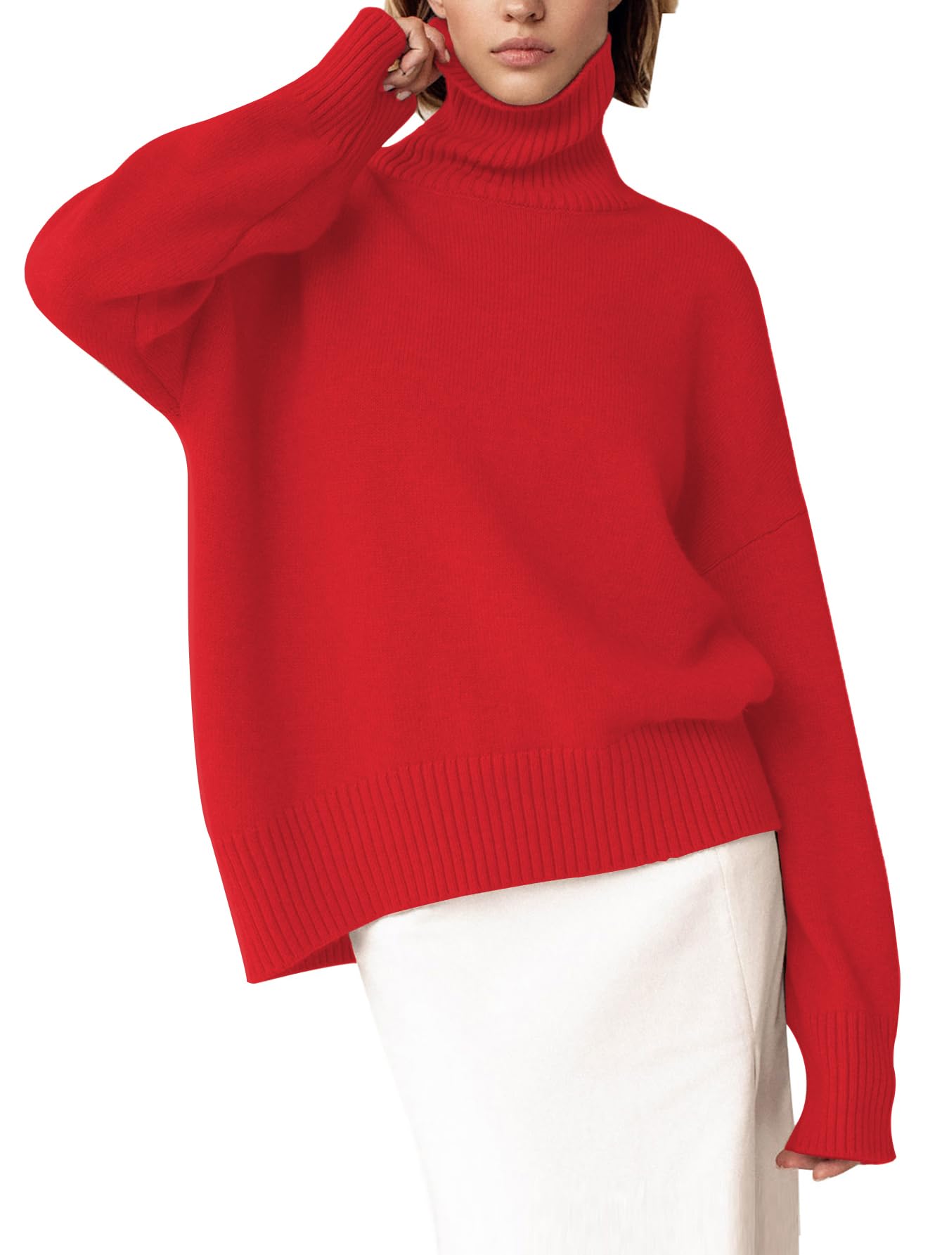 Turtleneck Sweater Chunky Long Sleeve Knitted Pullover High Low