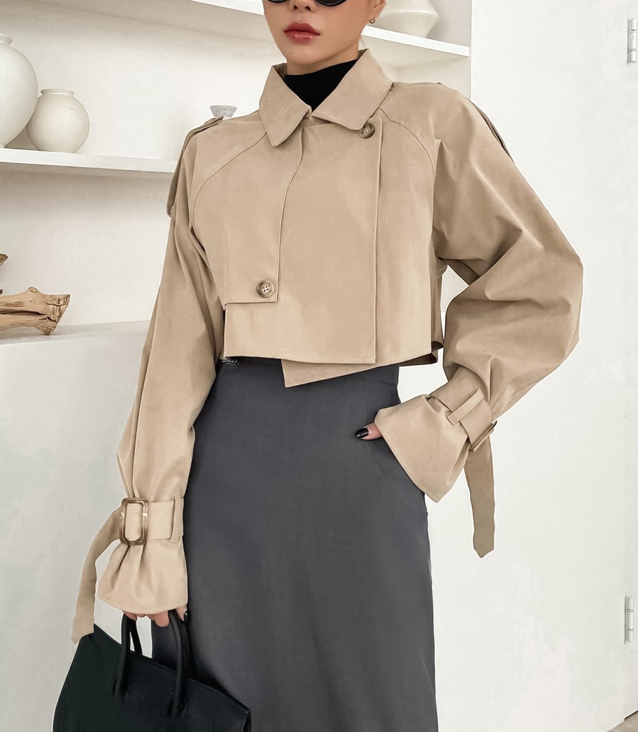 Cropped Trench Coat Classic Double-Breasted Lapel Overcoat Outerwear