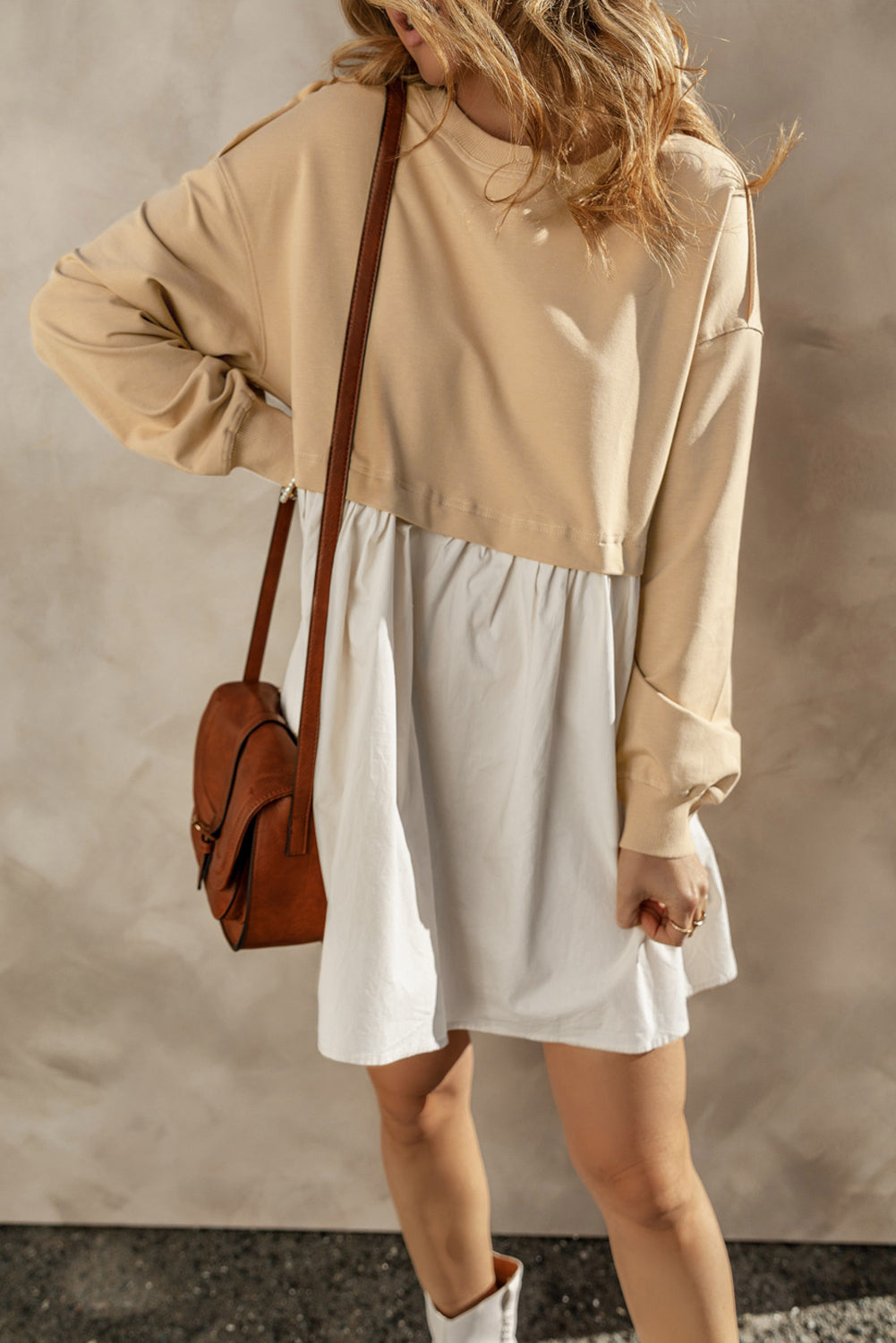 Pale Khaki Sweatshirt Poplin Mini Long Sleeve Dress