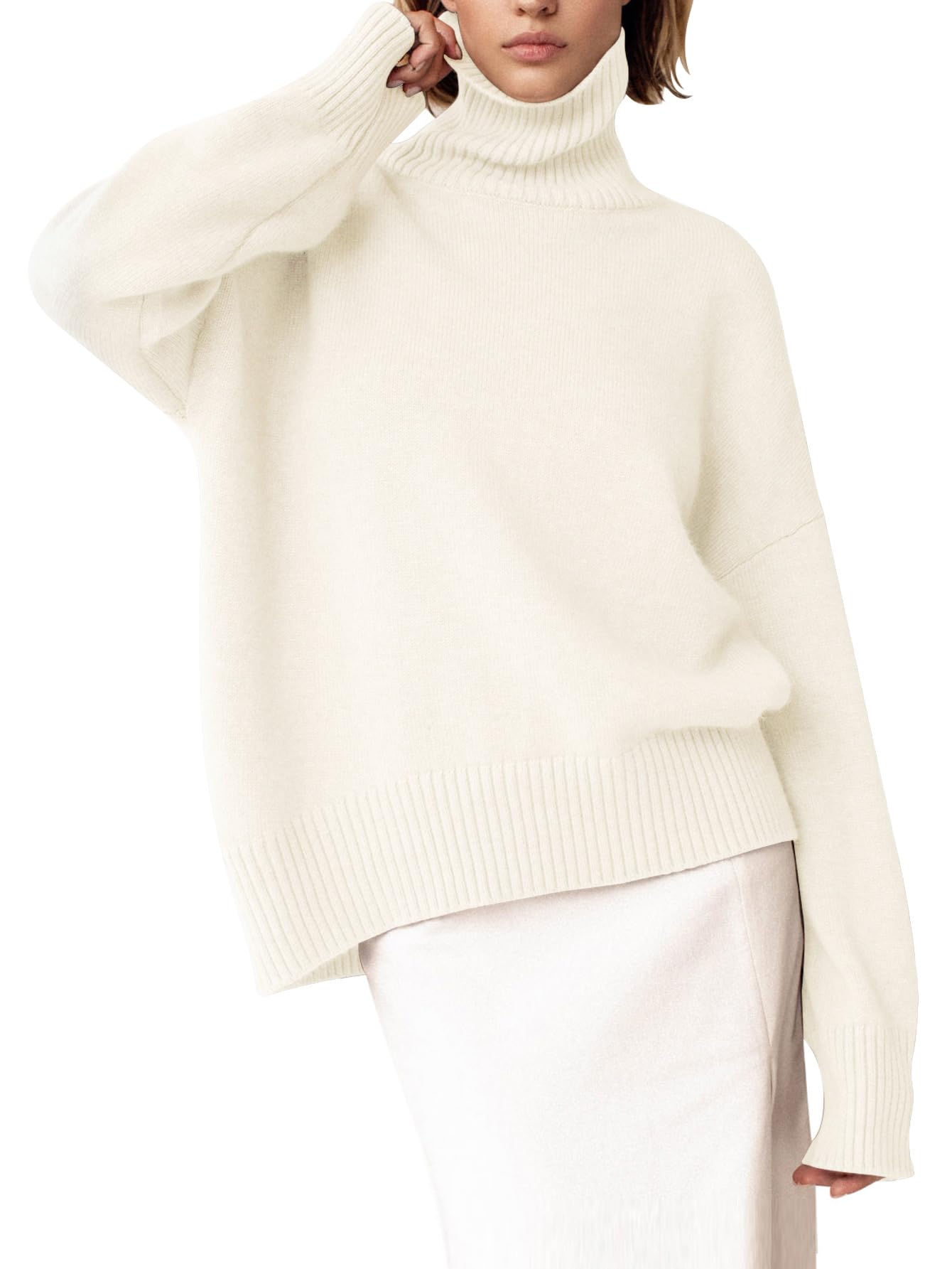 Turtleneck Sweater Chunky Long Sleeve Knitted Pullover High Low