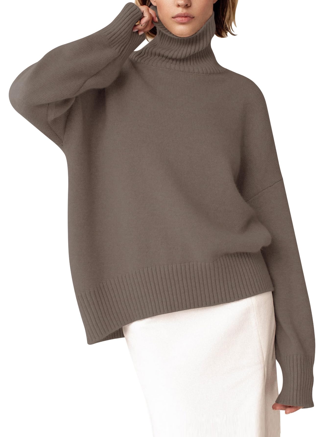 Turtleneck Sweater Chunky Long Sleeve Knitted Pullover High Low