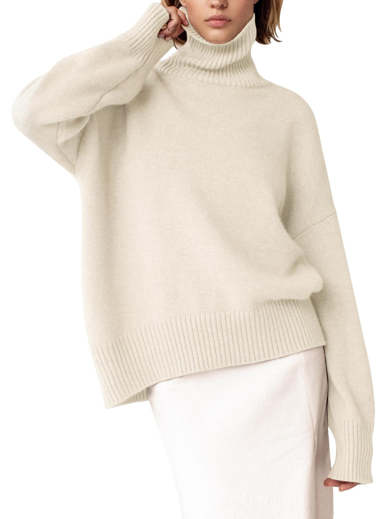 Turtleneck Sweater Chunky Long Sleeve Knitted Pullover High Low