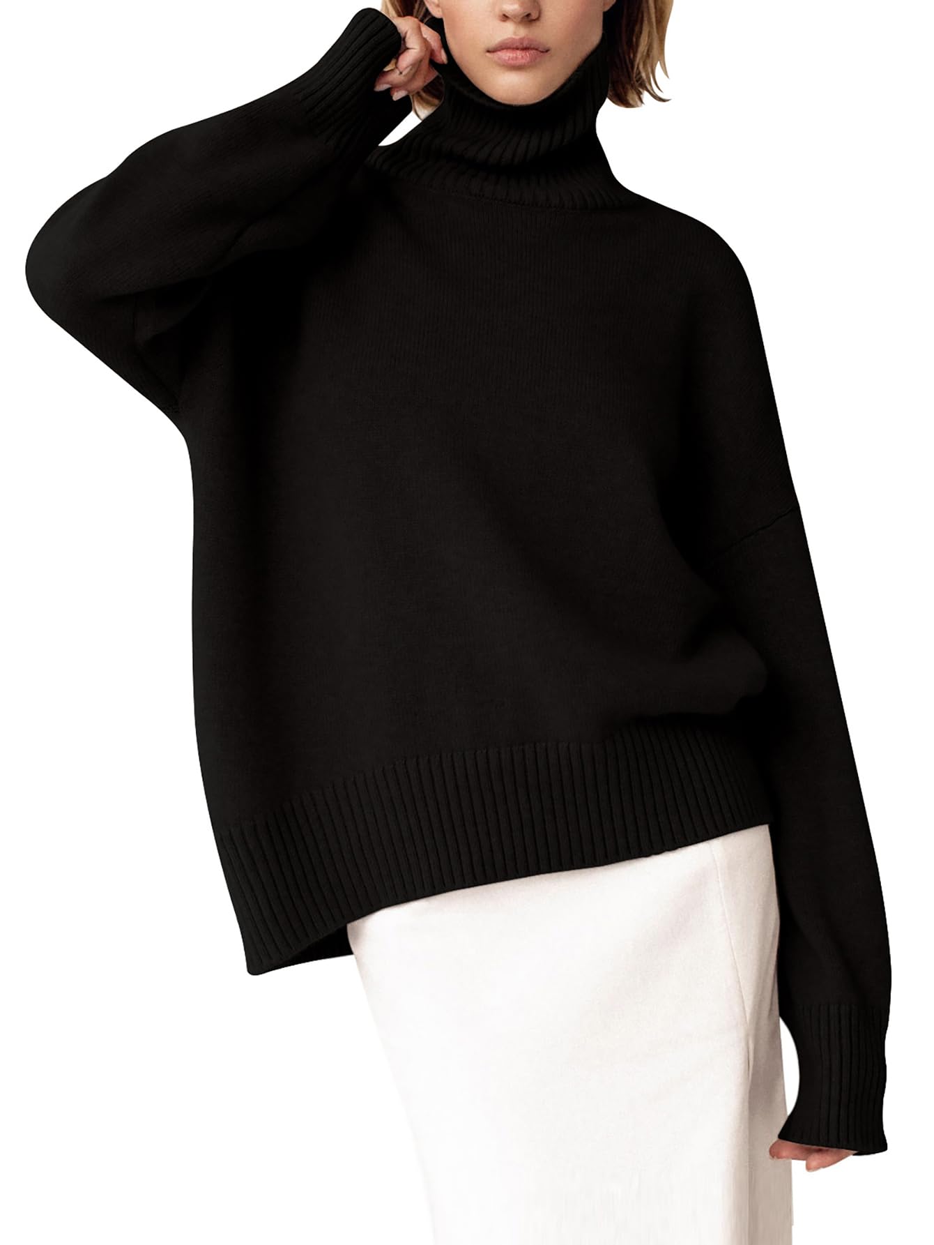 Turtleneck Sweater Chunky Long Sleeve Knitted Pullover High Low