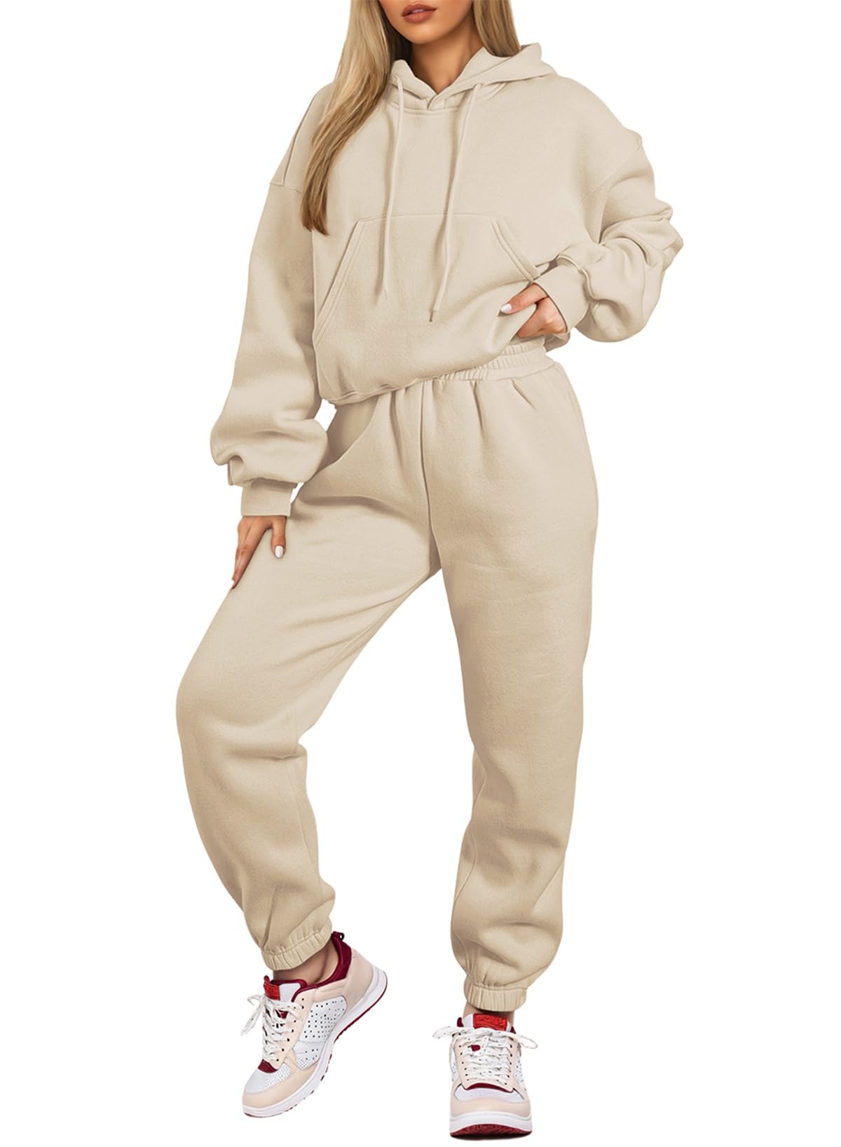 Fleece Crop Hoodie Sweatshirt with Jogger Pants - Tracksuit Lounge Set