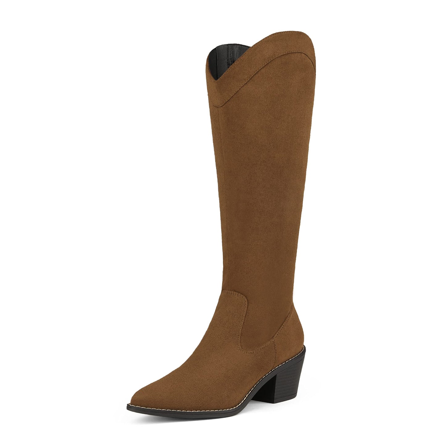 Suede and Leather Western Chunky Heel Pointed Toe Knee High Boots