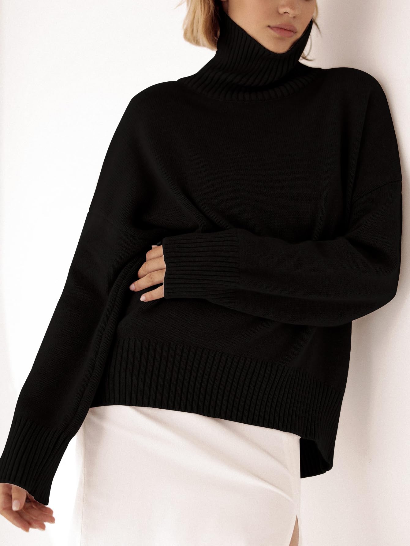 Turtleneck Sweater Chunky Long Sleeve Knitted Pullover High Low