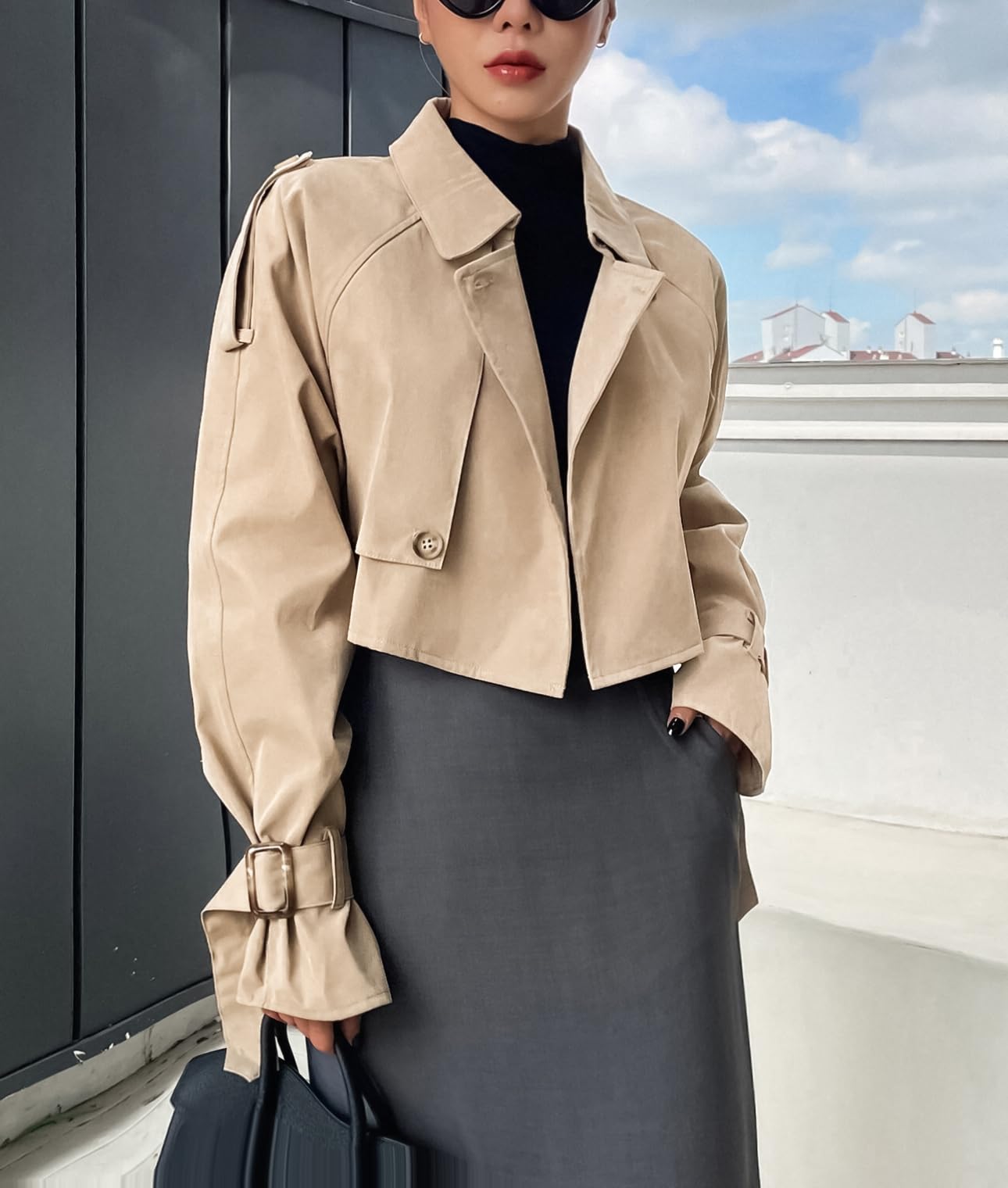 Cropped Trench Coat Classic Double-Breasted Lapel Overcoat Outerwear