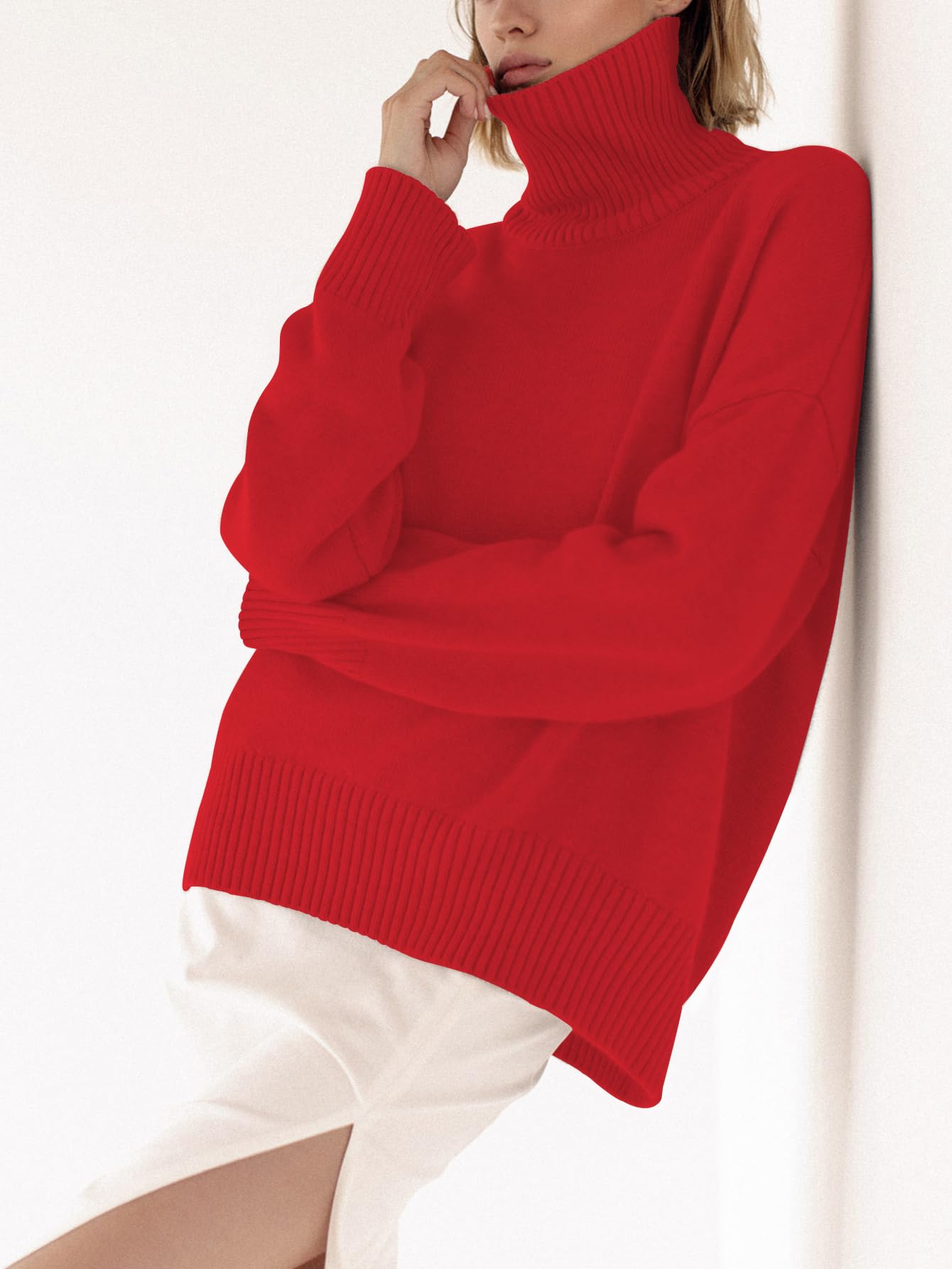 Turtleneck Sweater Chunky Long Sleeve Knitted Pullover High Low