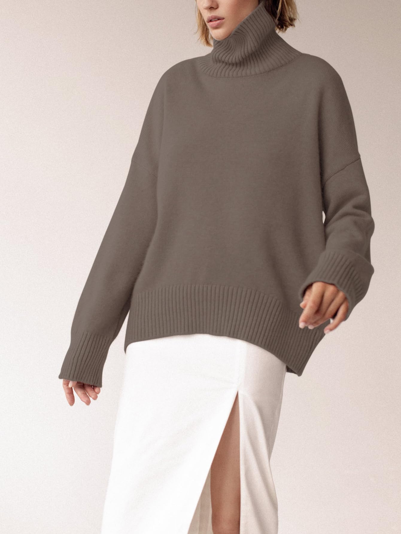 Turtleneck Sweater Chunky Long Sleeve Knitted Pullover High Low