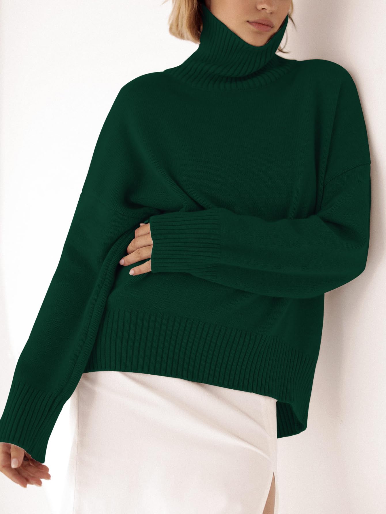 Turtleneck Sweater Chunky Long Sleeve Knitted Pullover High Low