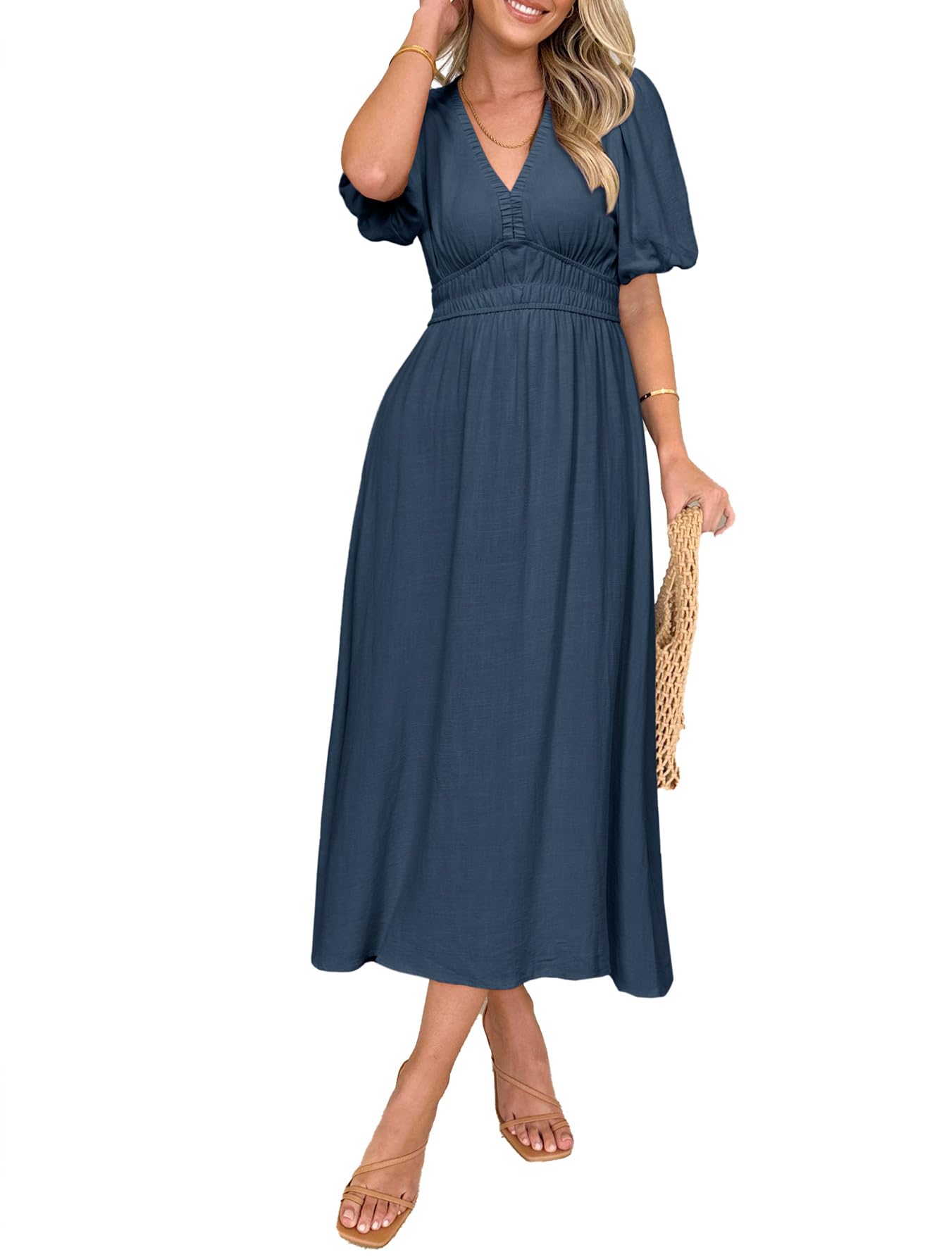 Maxi Dress V Neck Puff Sleeve Flowy Linen Like Dress