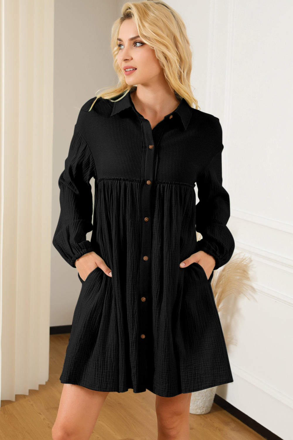 Buttoned Collared Neck Dropped Shoulder Mini Long Sleeve Dress