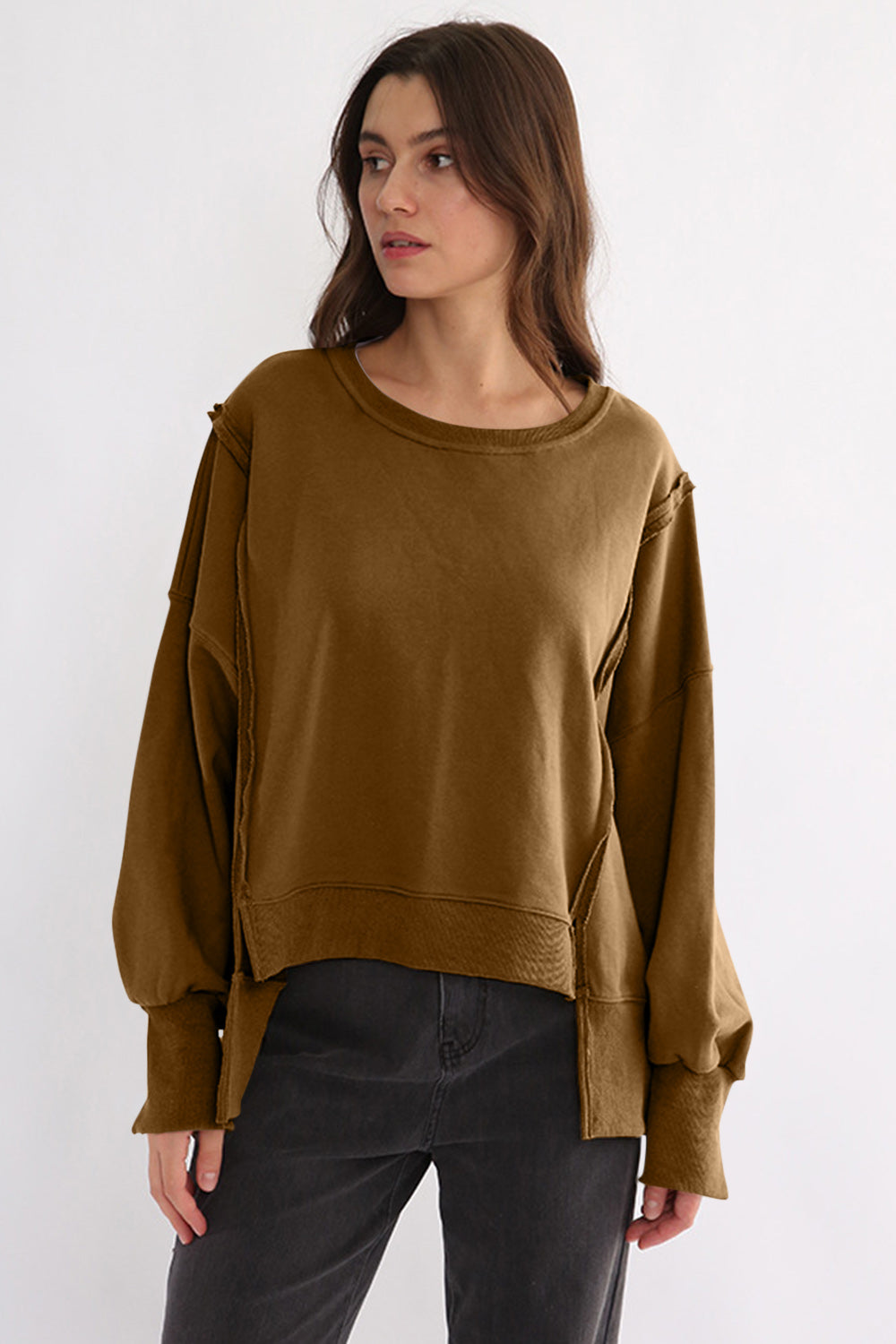 Exposed Seam High-Low Long Sleeve Sweatshirt