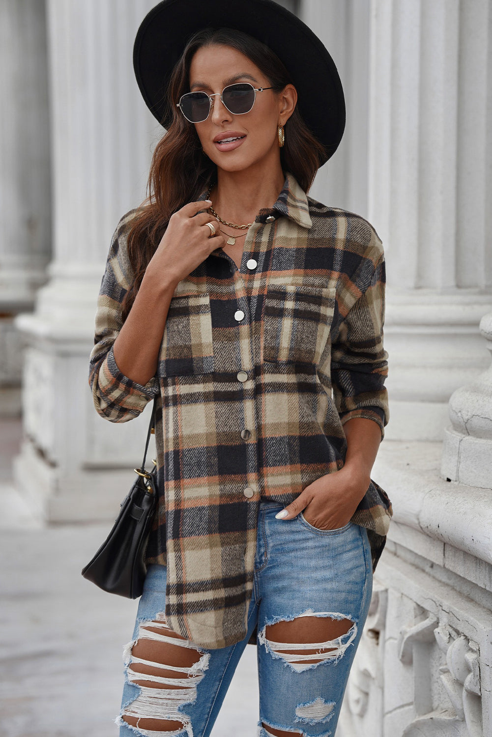 Plaid Curved Hem Dropped Shoulder Longline Shirt Shacket