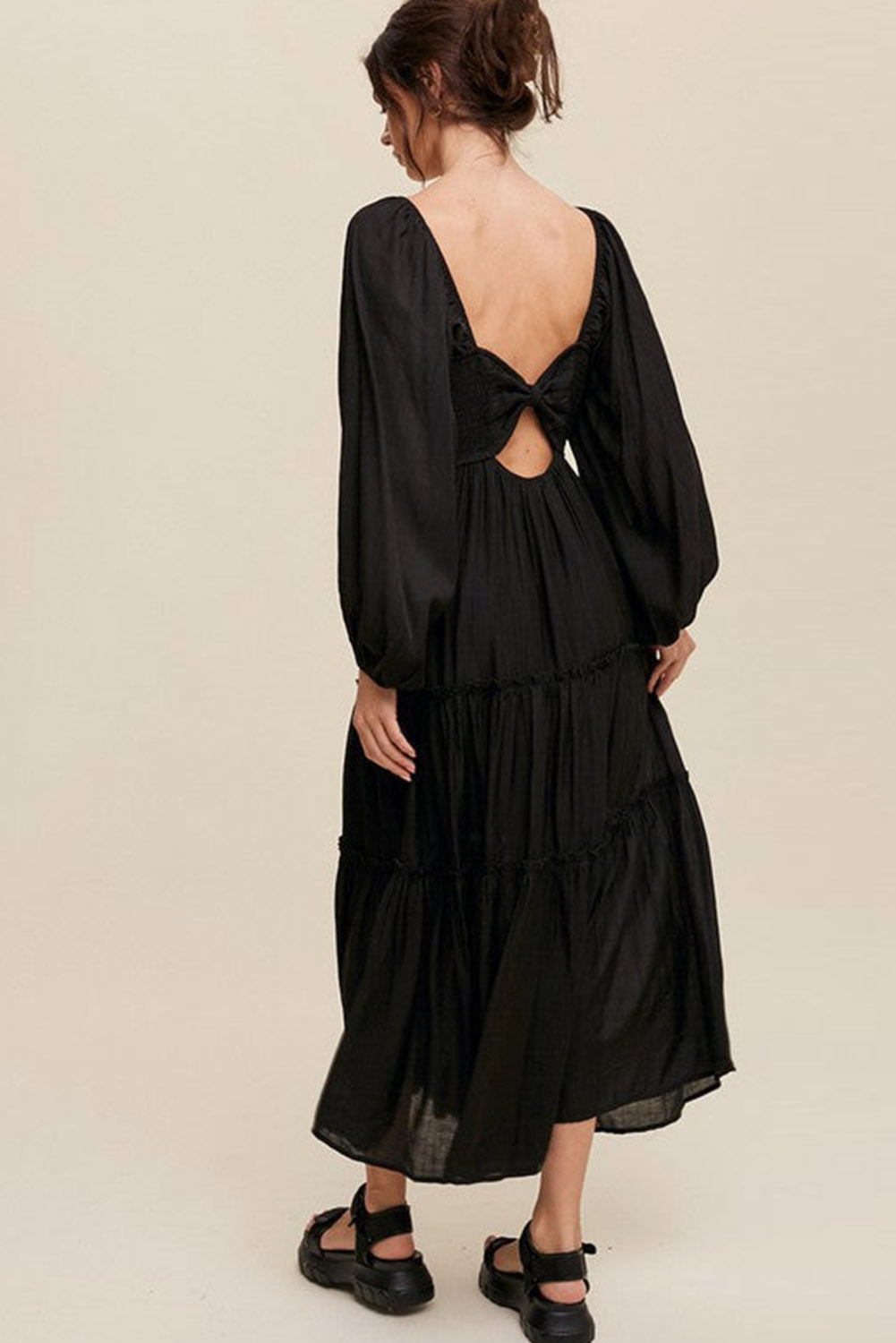 Black V Neck Bowknot Cutout Frill Tiered Maxi Long Sleeve Dress