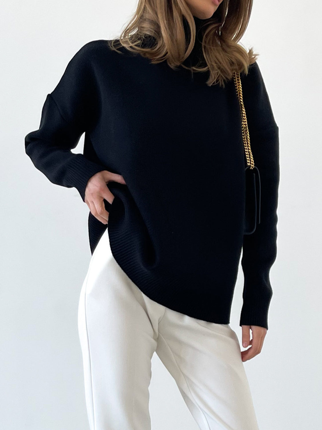 Mock Neck Dropped Shoulder Sweater ONE SIZE