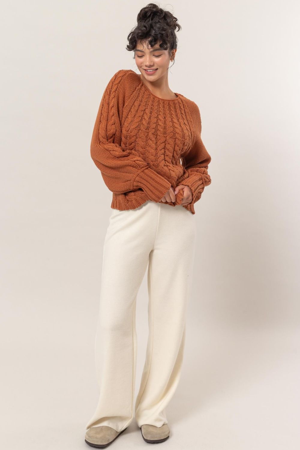 Cable-Knit Round Neck Raglan Sleeve Fall Sweater