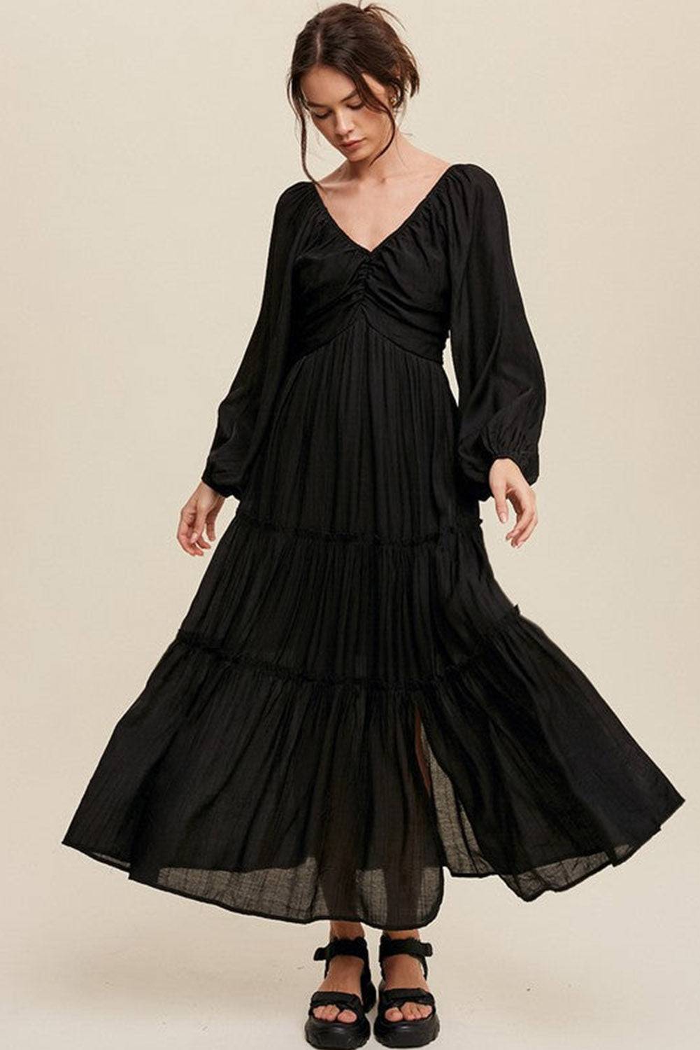 Black V Neck Bowknot Cutout Frill Tiered Maxi Long Sleeve Dress