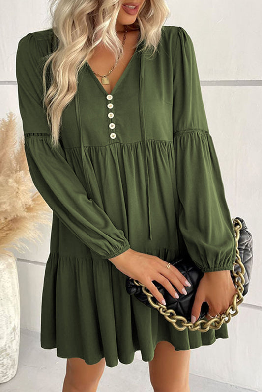 Green Puff Sleeve Buttoned Tiered Ruffled Mini Dress