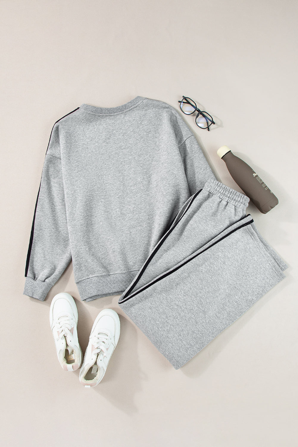 Light Grey Solid Color Side Striped Sweatshirt Active Sweatshirt Set