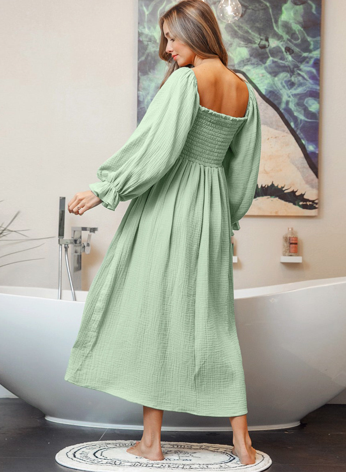 Green Smoked Flounce Long Sleeve Textured Empire Waist Maxi Dress