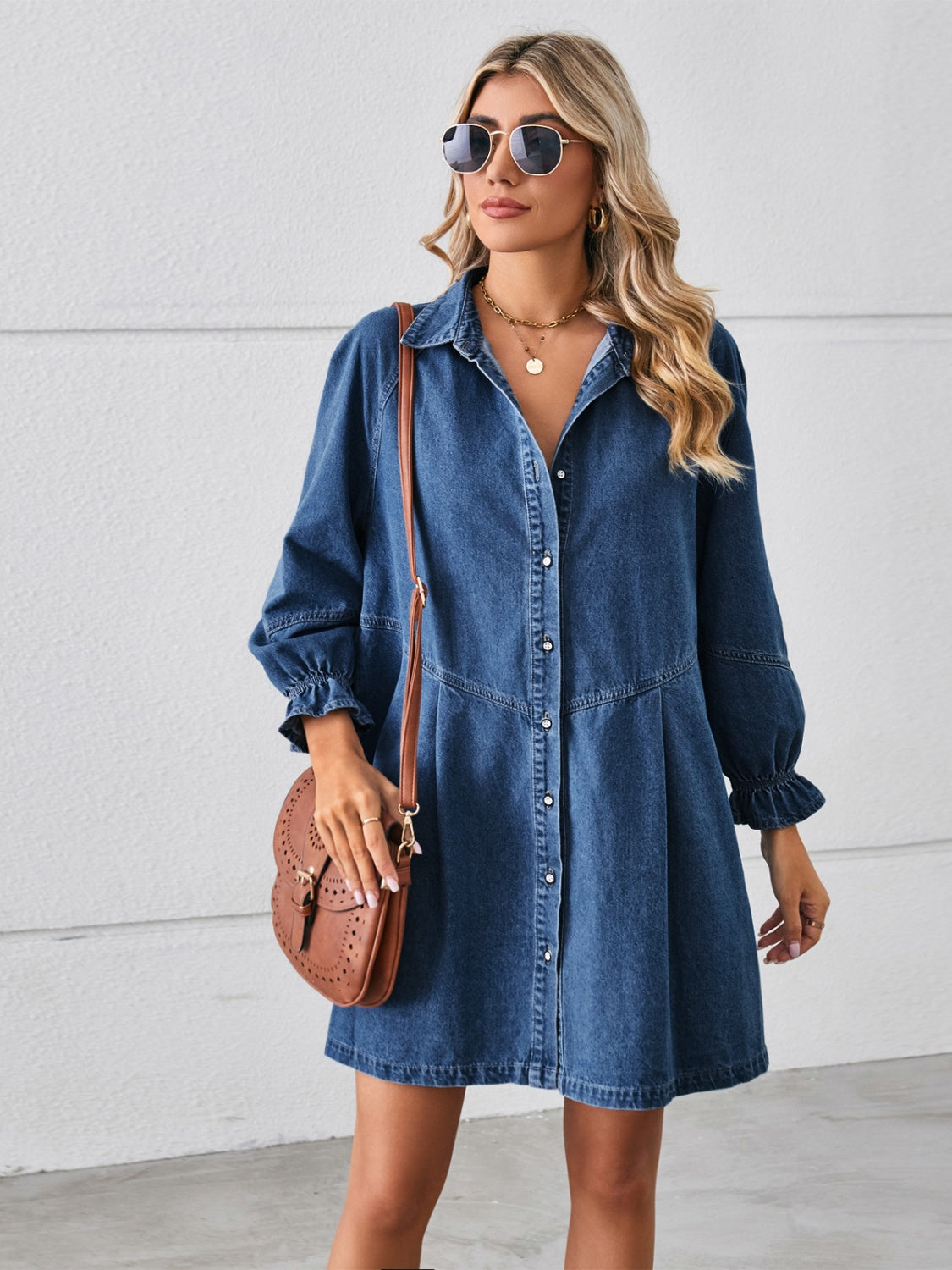 Button Up Flounce Sleeve Mini Denim Long Sleeve Dress