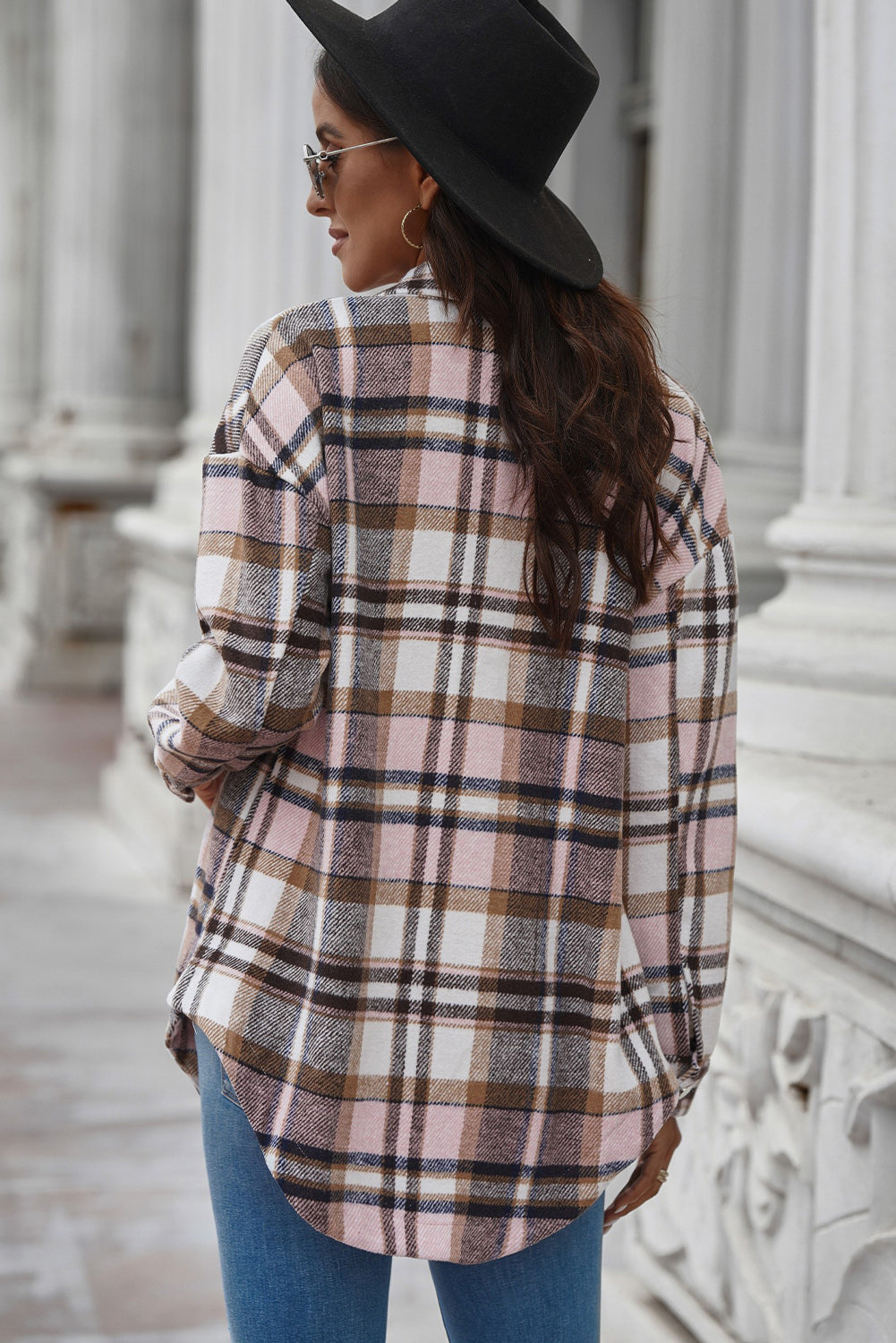 Plaid Curved Hem Dropped Shoulder Longline Shirt Shacket