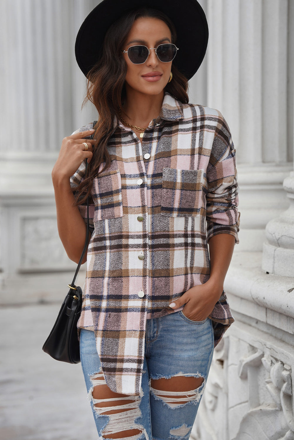 Plaid Curved Hem Dropped Shoulder Longline Shirt Shacket