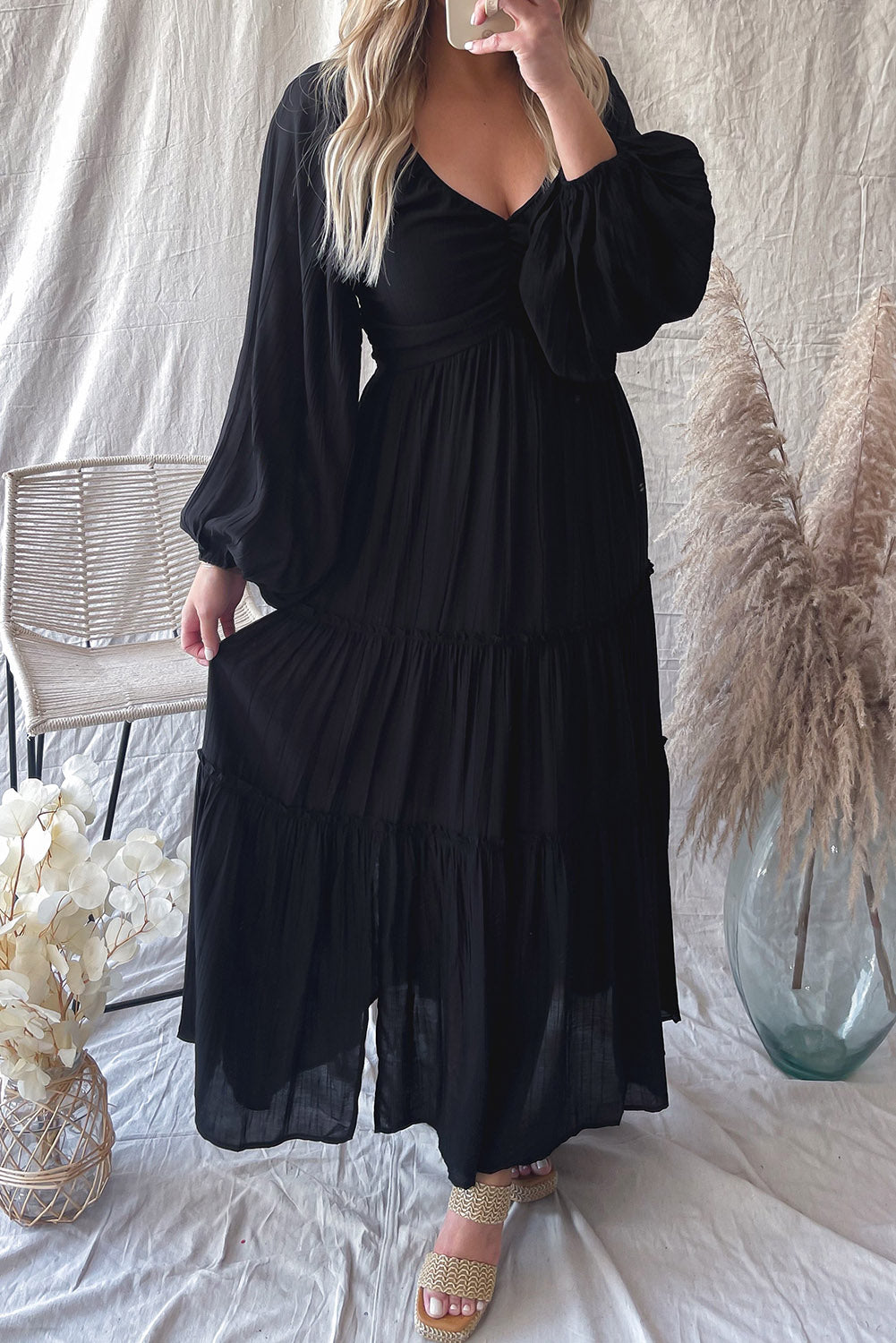 Black V Neck Bowknot Cutout Frill Tiered Maxi Long Sleeve Dress