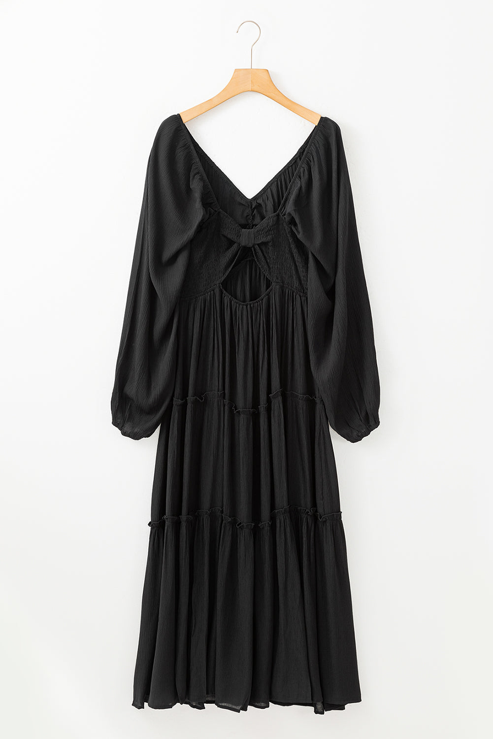 Black V Neck Bowknot Cutout Frill Tiered Maxi Long Sleeve Dress