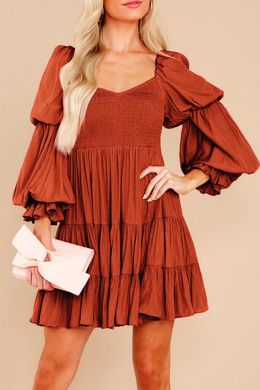 Brown Long Sleeve Off Shoulder Ruffle Mini Dress