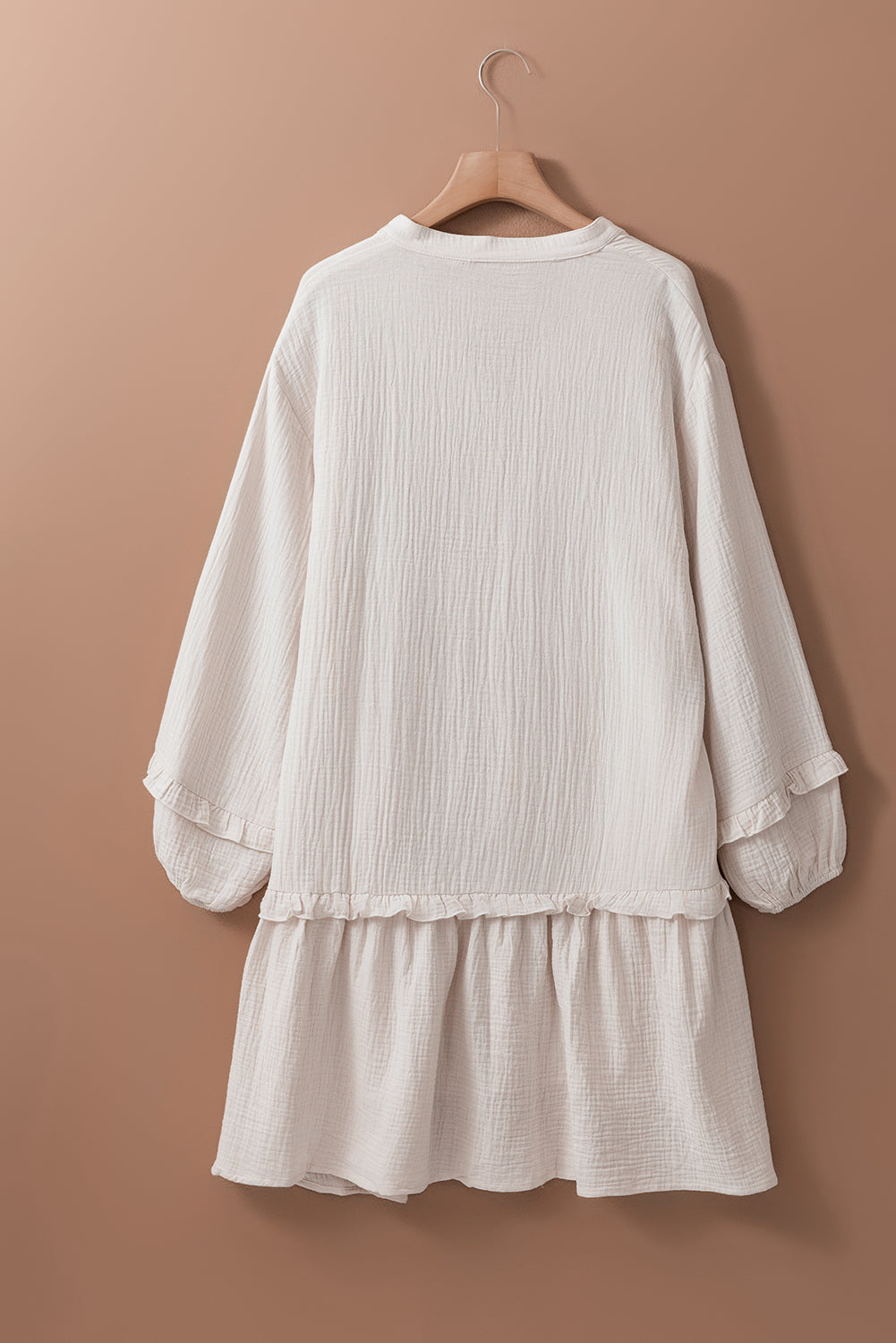 Apricot Frill Trim Half Buttoned Textured Long Sleeve Dress