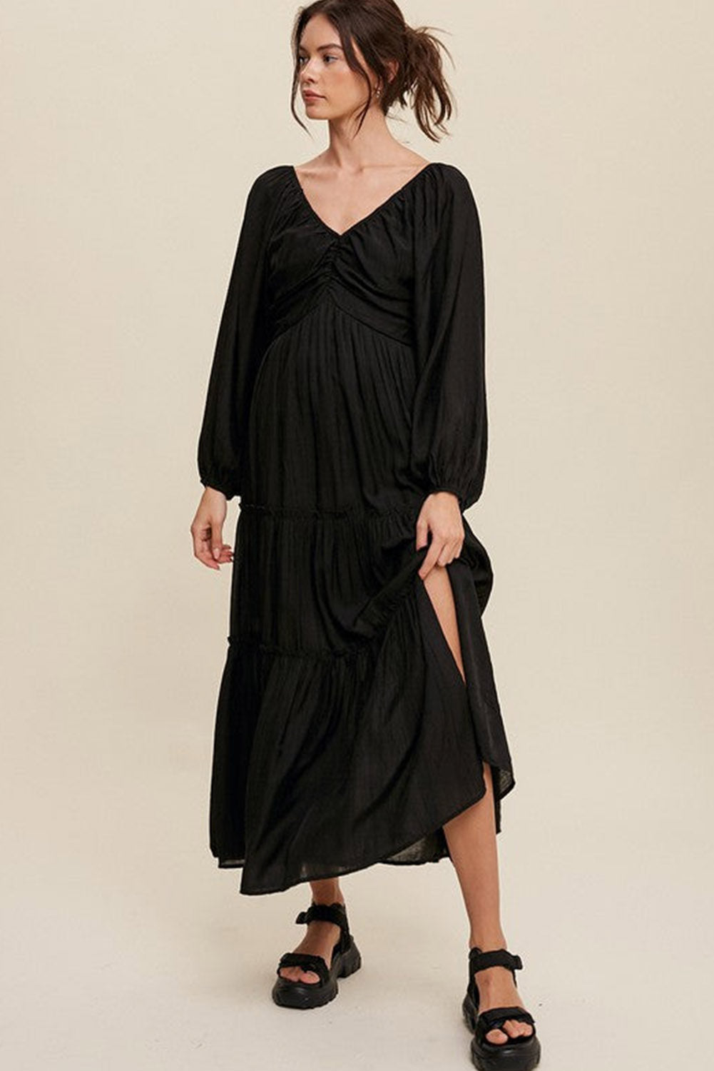 Black V Neck Bowknot Cutout Frill Tiered Maxi Long Sleeve Dress