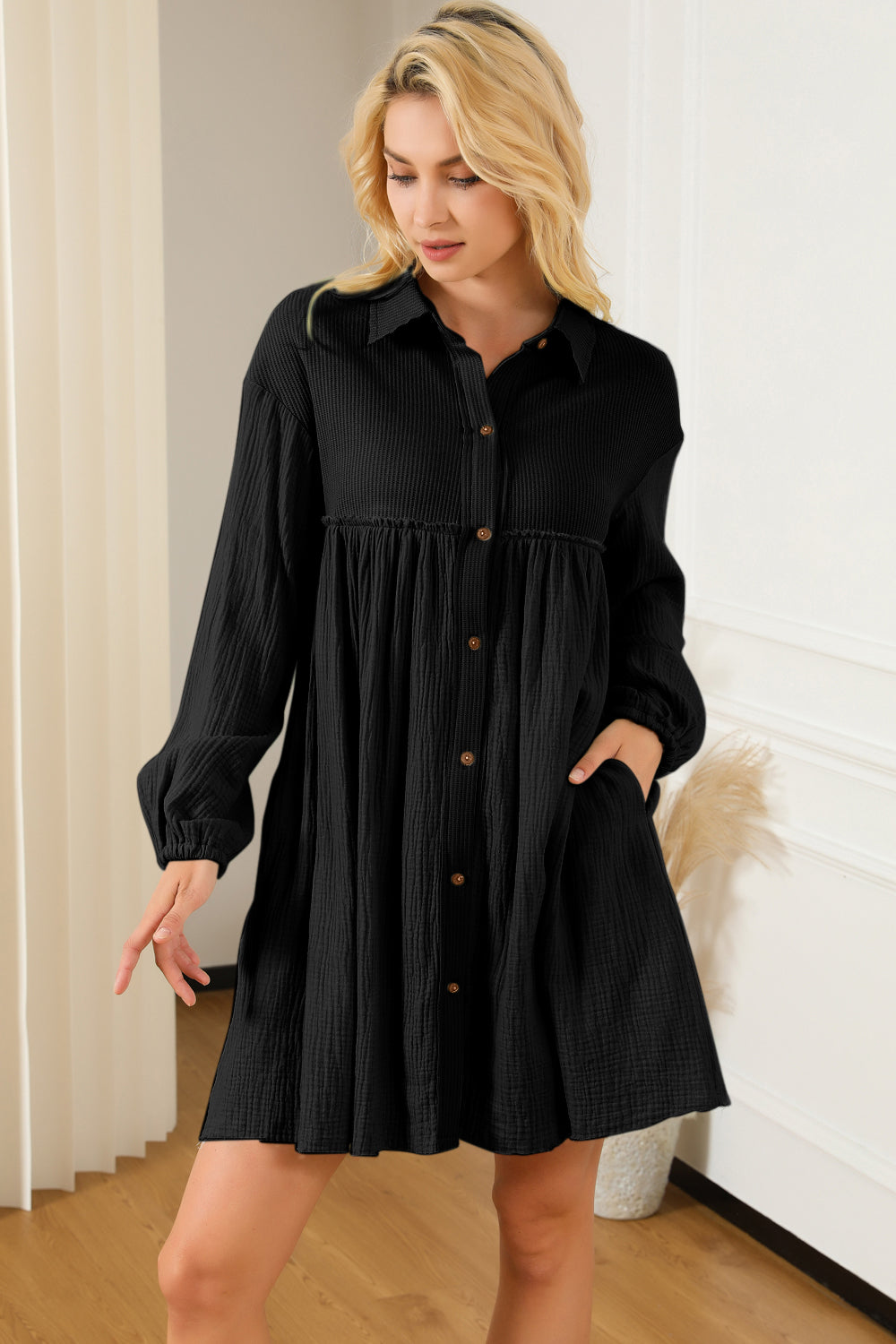 Buttoned Collared Neck Dropped Shoulder Mini Long Sleeve Dress