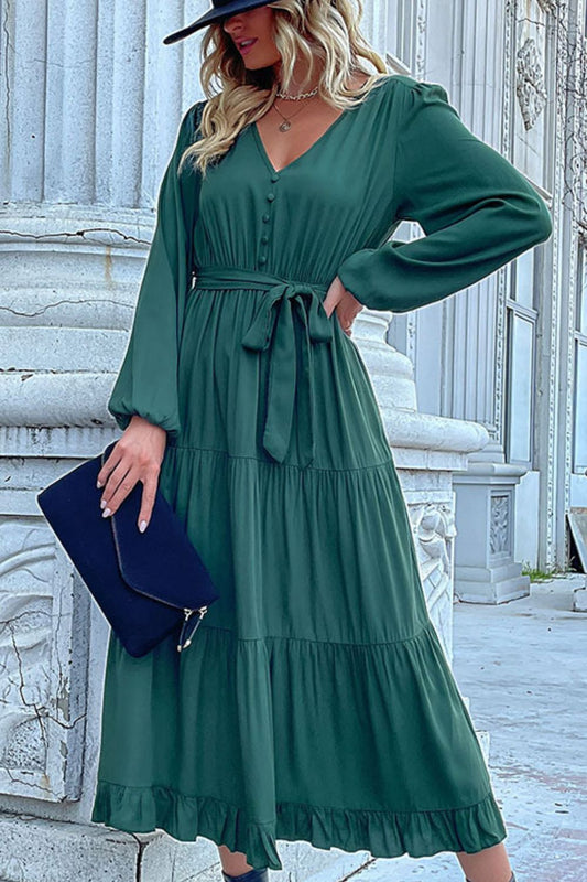 Buttoned V-Neck Puff Long Sleeve Tiered Dress