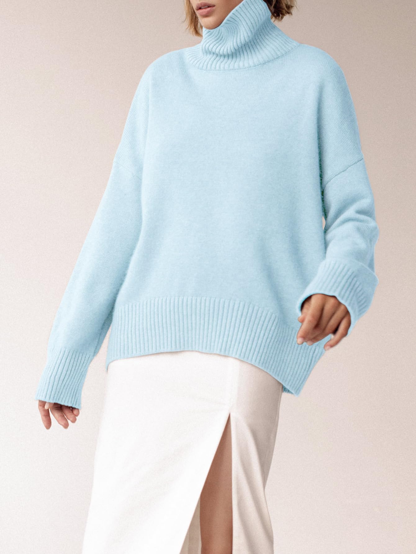 Turtleneck Sweater Chunky Long Sleeve Knitted Pullover High Low