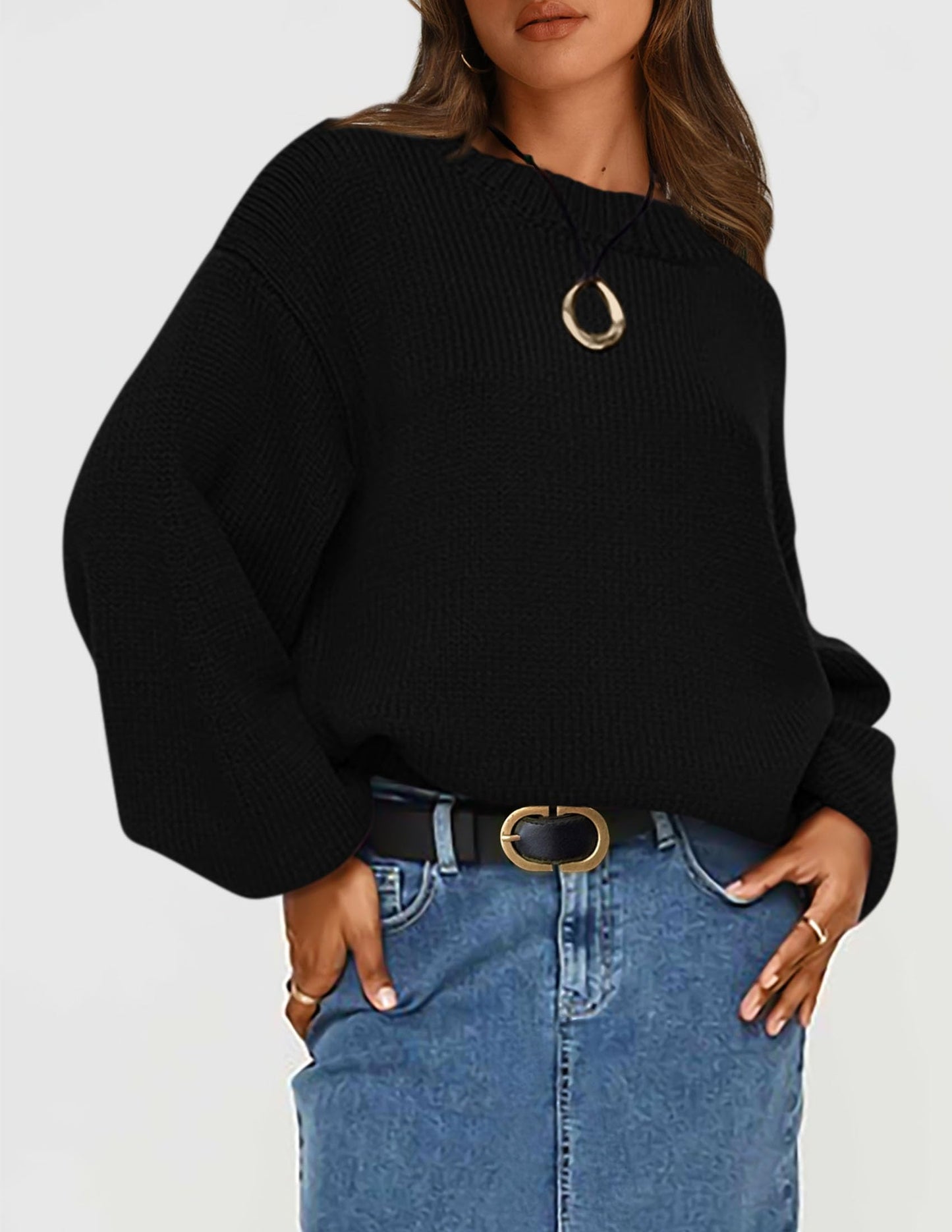 Chunky Knit Sweater Long Lantern Sleeve Crewneck Pullover