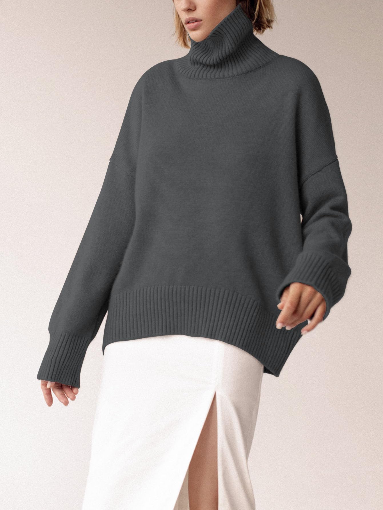 Turtleneck Sweater Chunky Long Sleeve Knitted Pullover High Low